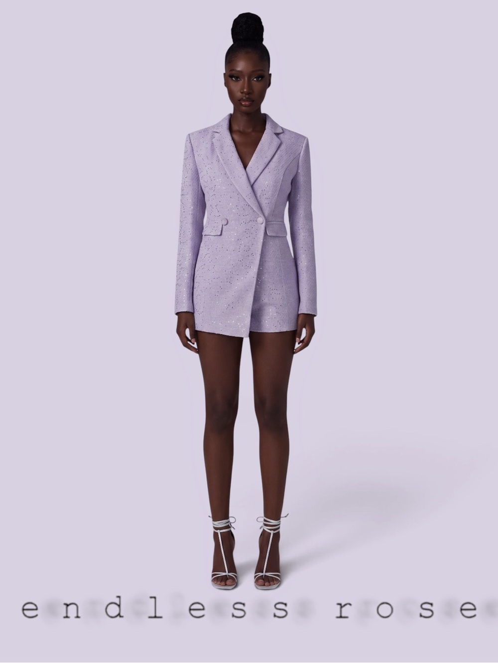 NWT Endless Rose Premium Sequin Tweed Blazer Romper Lilac Medium